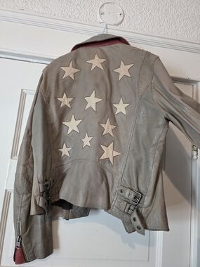 Women's Star-Accent Leather Jacket in Taupe